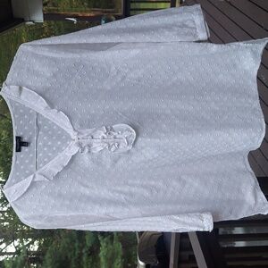 Talbots White Semi Sheer Embriodered V neck Ruffle Blouse Sz L